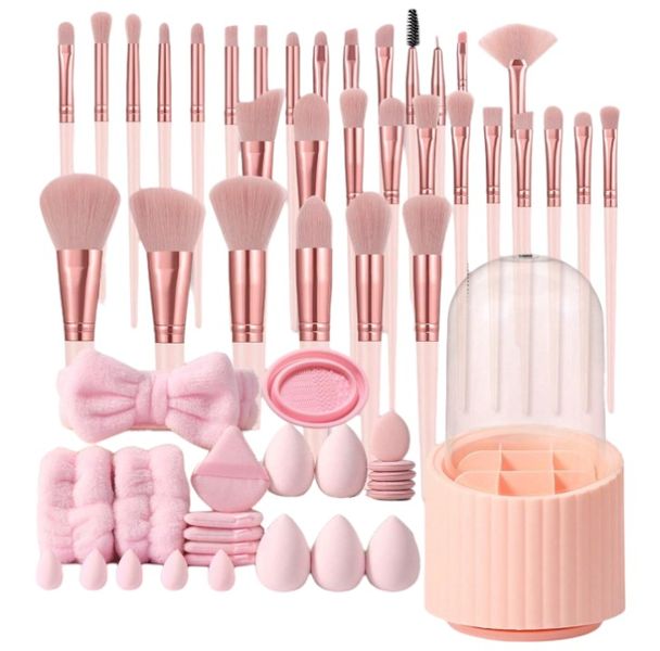 57 Piece Makeup Brush and Beauty Blender Set With Storage Bucket - Pink