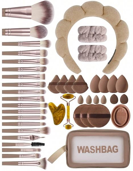 44 Piece Makeup &amp; Skincare Set With Synthetic Brushes &amp; Applicators - Brown