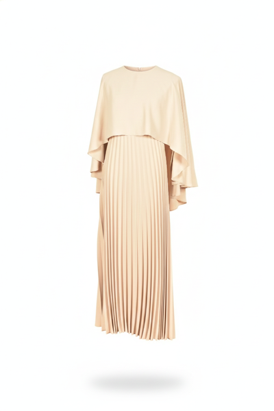 Sophisticated Pink Pleated Maxi Dress with Slitted Cape Detail