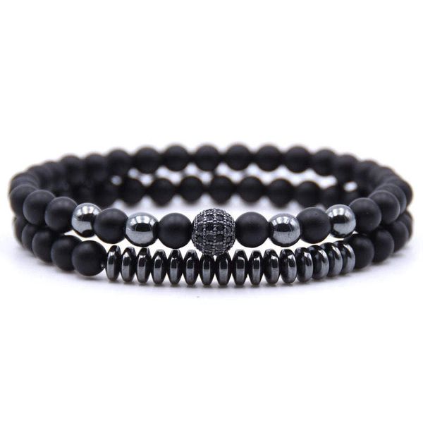 Argent Craft Hematite and Black Matte Agate With Zircon Ball Bracelet Set
