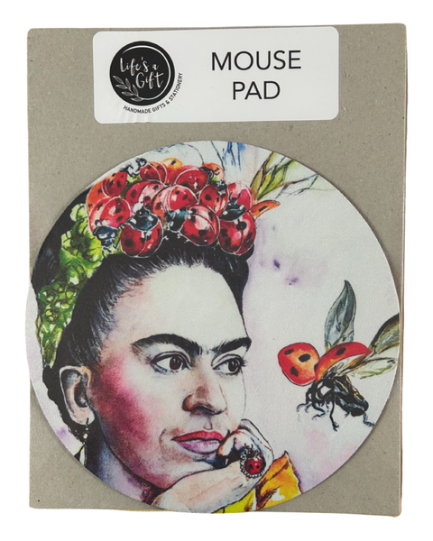 Round Mouse Pad - Frida Kahlo with Ladybugs