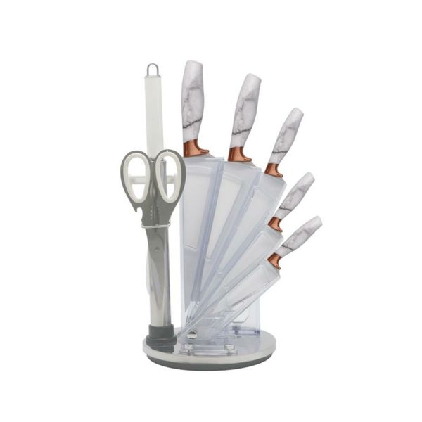 Royal Homeware 9Pc Knife set Marble &amp; Rose Gold Trim- revolving stand