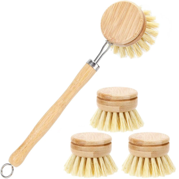 Natural Bamboo Dish Brush Set with Replaceable Heads 5 Piece Set