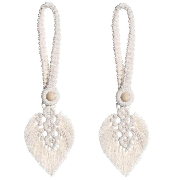 2 Pack Boho Curtain Tiebacks, for Indoor Outdoor Decor, Beige