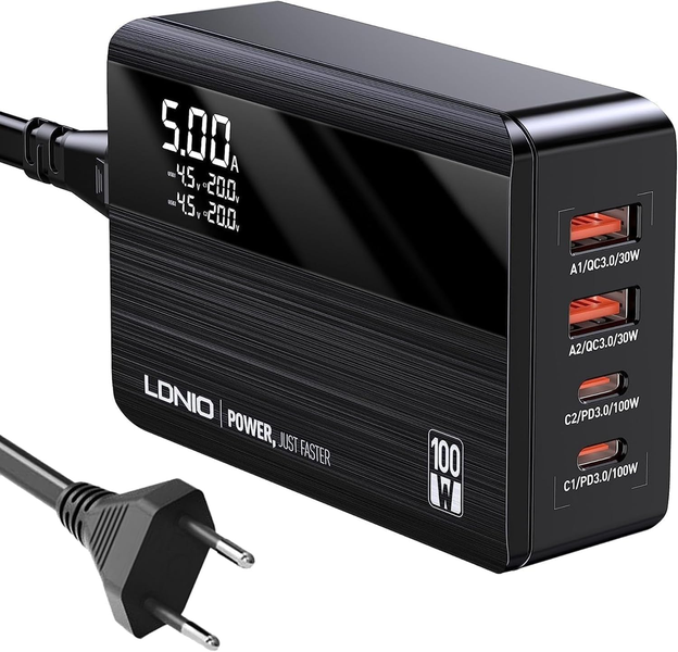 LDNIO 100W GaN Super Fast Charger With 150CM Power Cord With 5 Ports