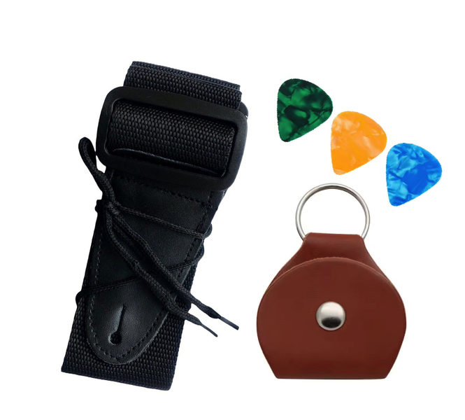 Black Guitar Strap with Leather Pick Holder &amp; 3 Picks