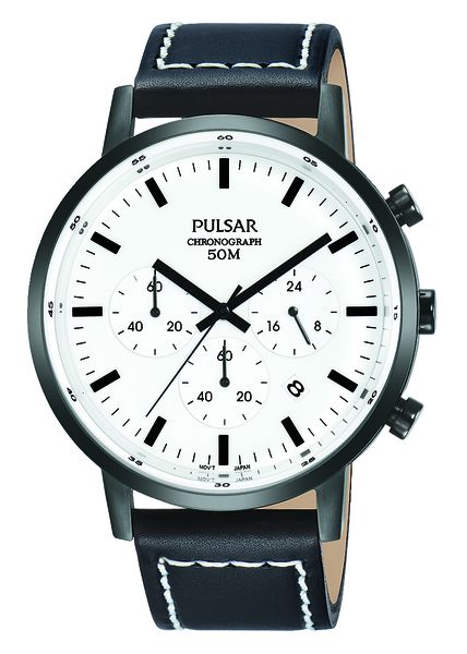 Pulsar Gents Black Leather Chronograph White Dial - PT3889X11