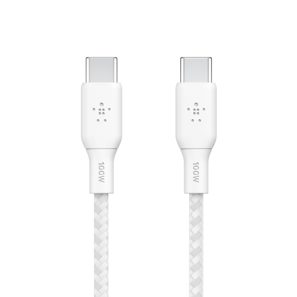 Belkin BOOSTCHARGE USB-C Male to USB-C Male Braided Cable 100 Watt Power Delivery - 3 Meter Cable - White - 2 Year Warranty