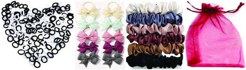 117 Piece Ponytail hair ties , Girls Bow Clips, Silky Scrunchies and gift bag
