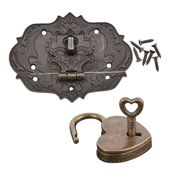 Craft DIY Antique Jewellery Box Hinge Latch &amp; Lock Set Heart Set of 2