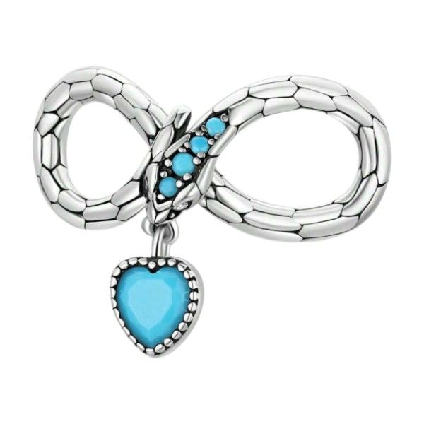 S925 Snake Infinity Dangling Heart Charm - Blue &amp; Silver