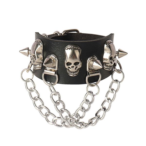 Skull Rivet Tassel Chain Leather Bracelet