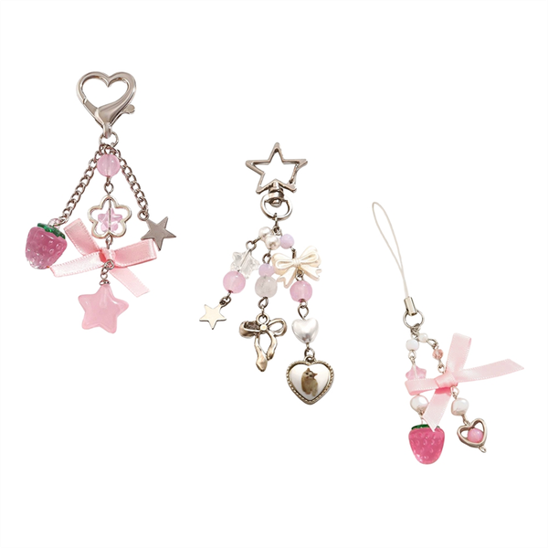 Sweet Strawberry Bow Keychain Star Heart-Shaped Jewelry Keychain