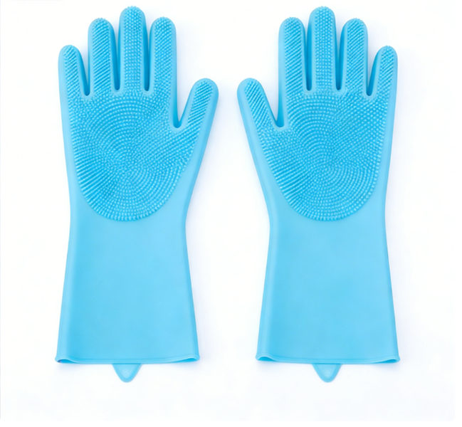 Silicone Cleaning Gloves with Scrubber - Pink/Blue/Grey (1 Pair)