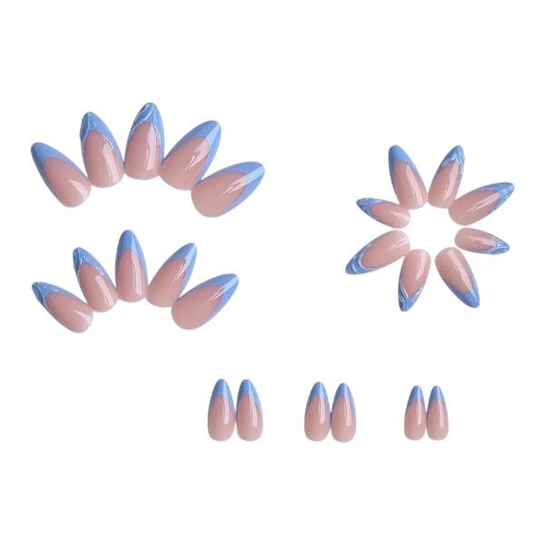 24-Piece Press-On Almond Shaped Nails Set With 3D Art - Sky Blue &amp; Nude