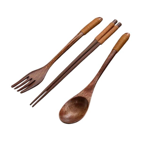 3 Pieces Wooden Chopsticks, Spoon &amp; Fork Set - Brown