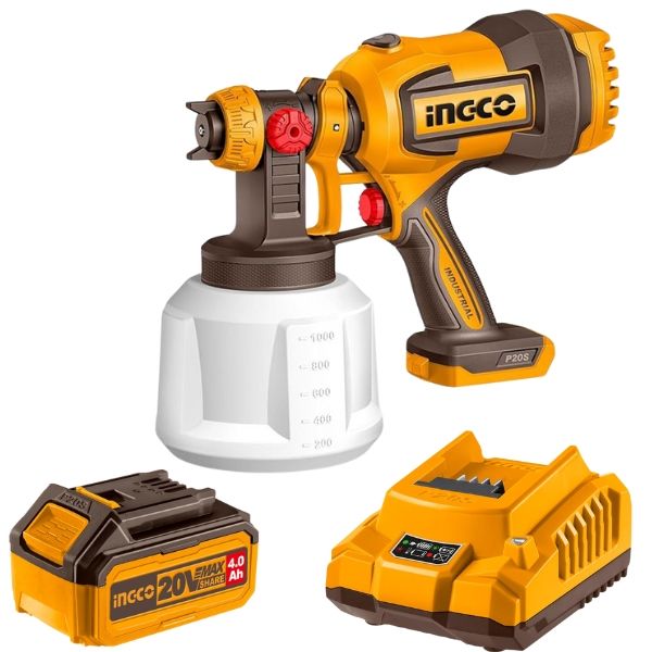 Ingco - Lithium-Ion Cordless Spray Gun 20V with 4.0Ah Battery and Charger