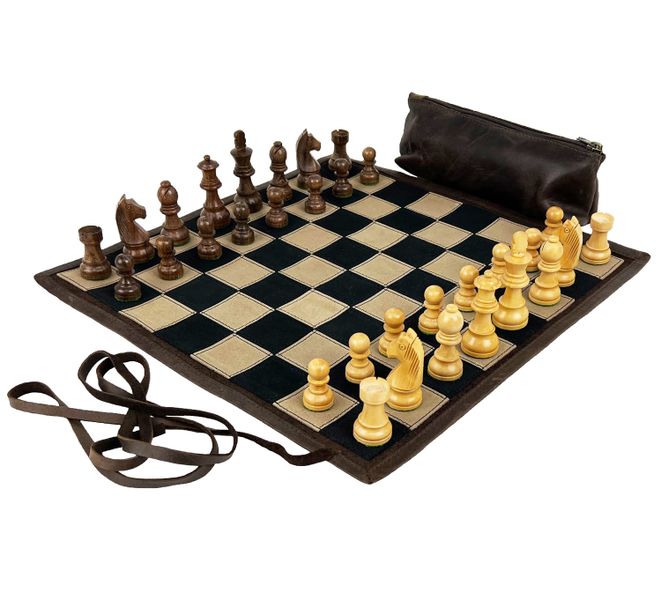 Chess Leather roll-up with Wooden pieces