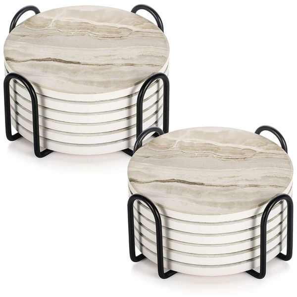 Maisonware Ceramic Non-Slip Coasters with Metal Holder - Set of 12