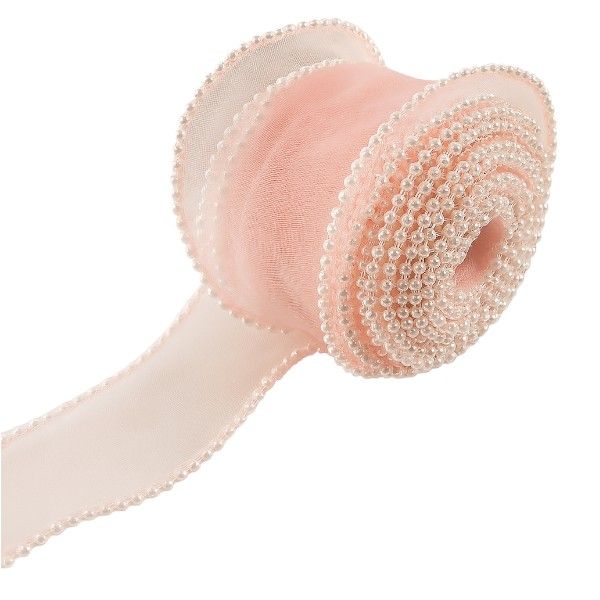 Elegant Faux Pearl Mesh Ribbon Roll - Pink