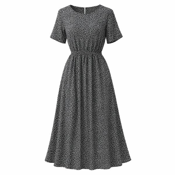 Round Neck Floral Print Dress - Black