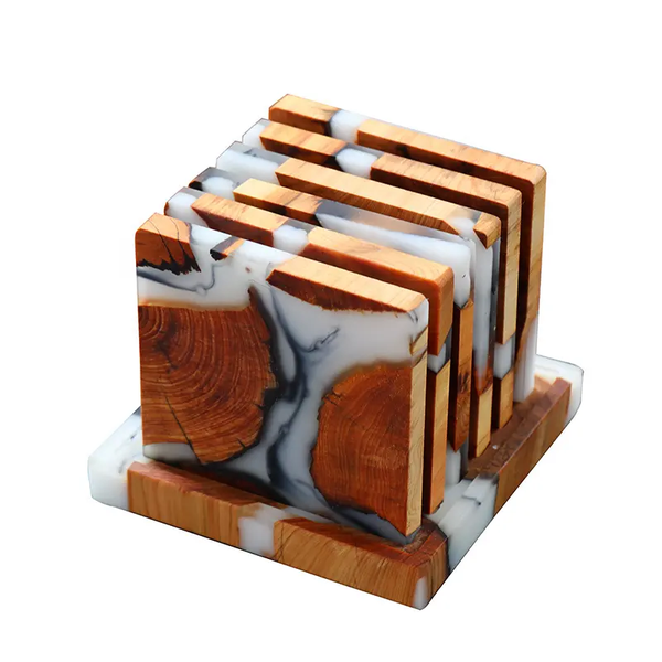 Cedarwood and White Resin Inked Coaster Set - Square