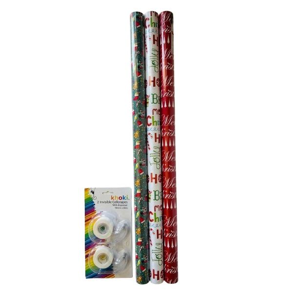 Christmas Gift Wrapping Paper 5m x 70cm (3 Rolls) &amp; 2 Cellotapes