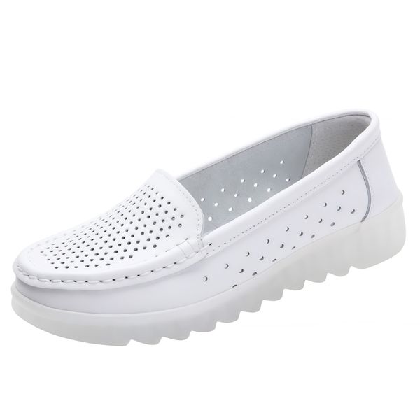 Women's Leather Loafers Flat - Breathable Perforated Soft Slip-On - White