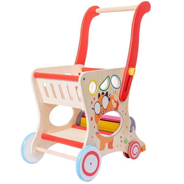 Kids Shopping Cart Toy Wood Baby Push Learning Walker with Removable Blocks
