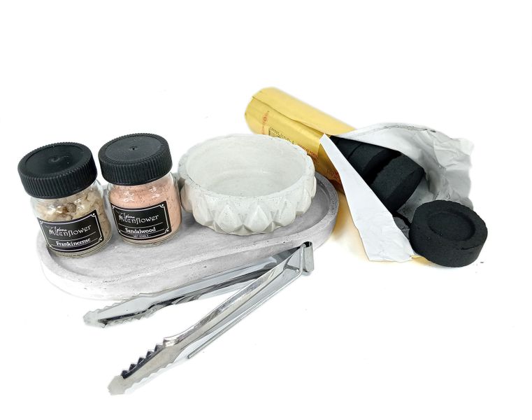 Raw Frankincense &amp; Sandalwood Incense Resin Burning Kit - Cement Bowl &amp;Tray