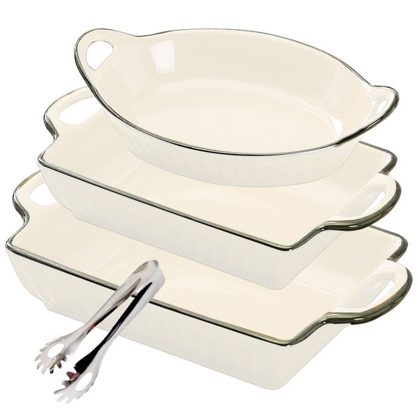 4 Piece Set - Large Bakeware Beautiful Glazed Rim Casserole Baking Dish