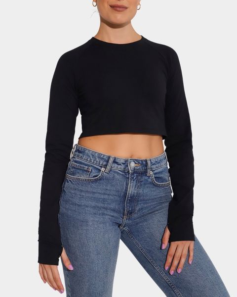 Breeth Breathable Comfortable Cotton Womens Long Sleeve Crop Top Black