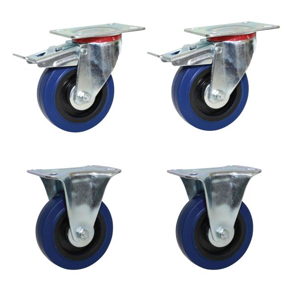 Blue Elastic Rubber Wheel Swivel Brake Plate + Fixed Castors 100mm