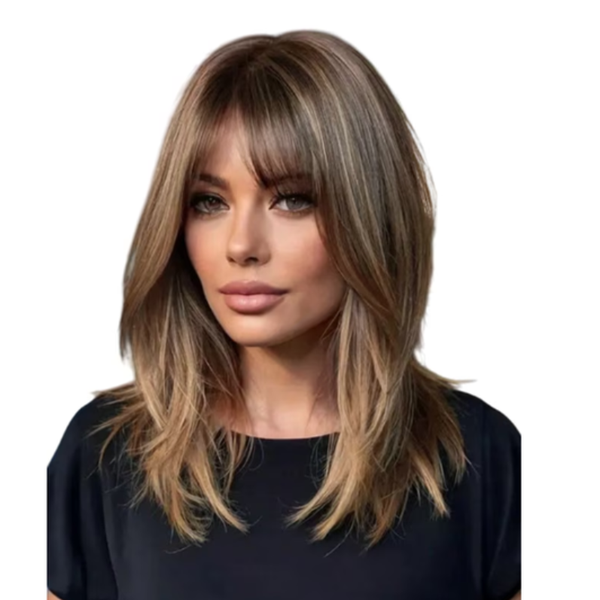 Women's Wig, Medium-Length Straight Hair with Bangs, Synthetic Hair, 50cm