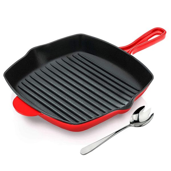 Nonstick Enameled Square Cast Iron Skillet Grilling Pan - 26cm