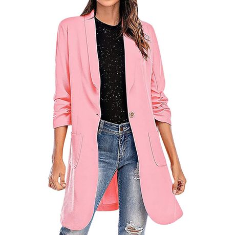 Women's Casual Long Blazer with Pockets Ruched 3/4 Sleeve Lapel Suit Jacket