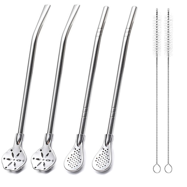 6-Piece Stainless Steel Straw Spoons - Floral &amp; Teardrop, 18cm with Brushes