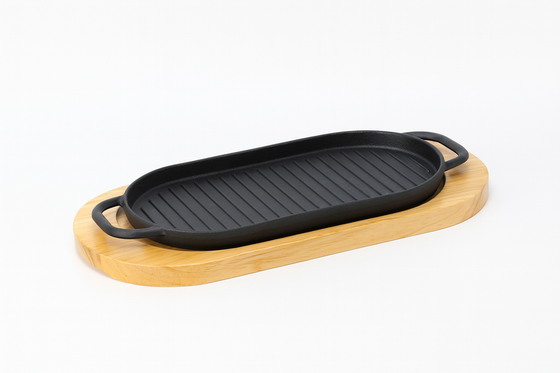 Striped Cast Iron Grill Pan with Two Handles &amp; Wooden Base - 30×16×2CM