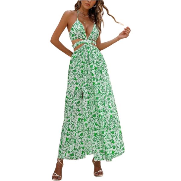 Allover Print Backless Split Thigh Dress Green