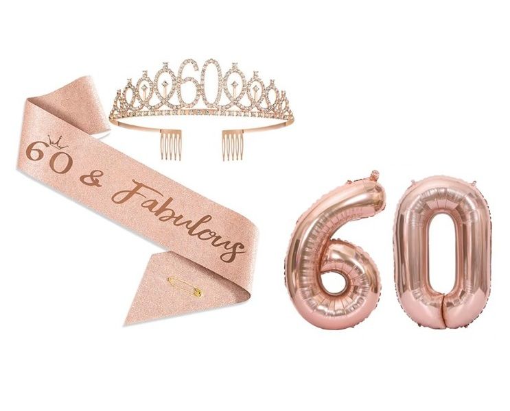 60th Birthday Tiara, Sash and Number Balloons - Rose Gold