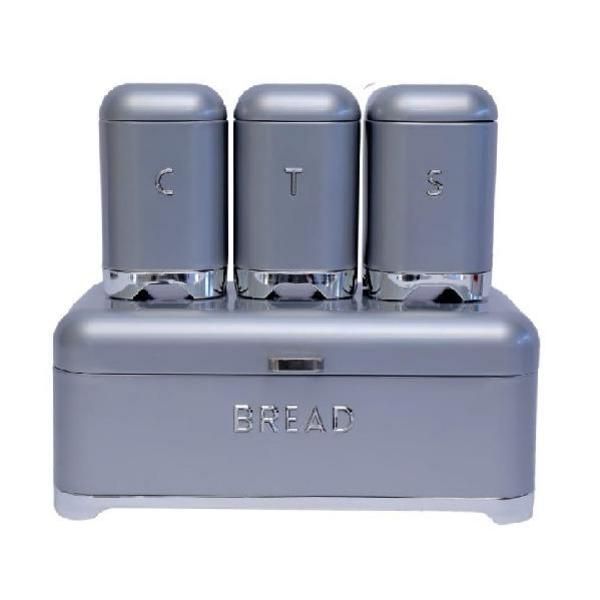 Bread Bin With Tea Coffee Sugar Canister Set 4 Piece - Grey &amp; Silver