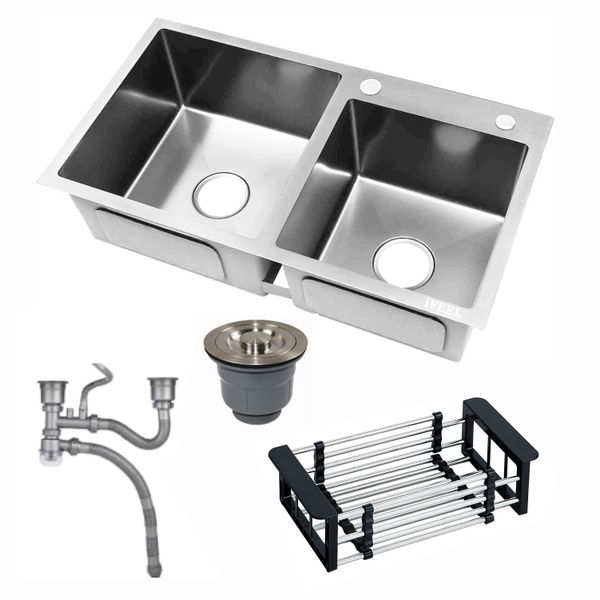 IFEEL Double Bowl Kitchen Sink with Downspout and Drain Basket - 82x45x22