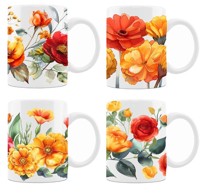 Set of 4 Designer Art Coffee Mug Watercolor-Floral (DSGN1)