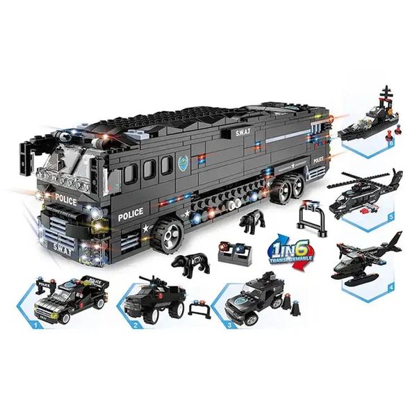 1014PCS 6 in 1 Kids SWAT Combat Bus City Police Car Building Blocks