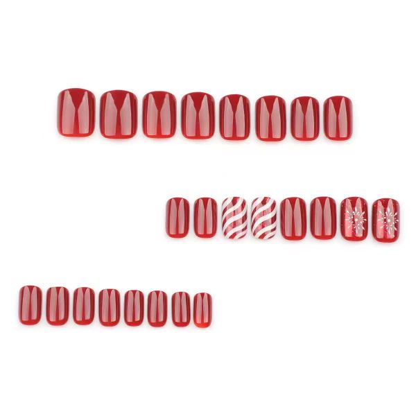 Nails Red Square Shaped Fake Nails with Candy Stripe Design