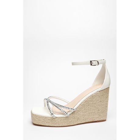 Quiz Women White Diamante Cross Strap Woven Wedges