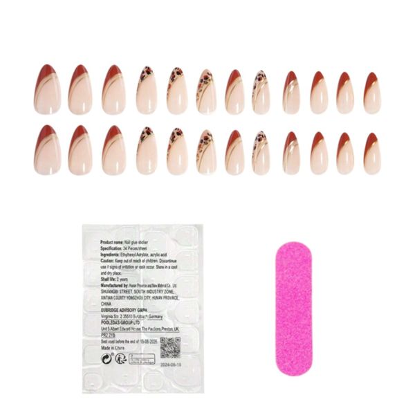 24 Piece Almond Square Leopard Print Detail Press-On Nail Set - Nude/Brown