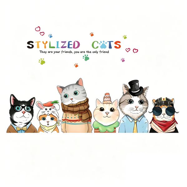 Cute Stylized Cats Wall Decals for Kids Bedroom, Nursery, Living Room ect