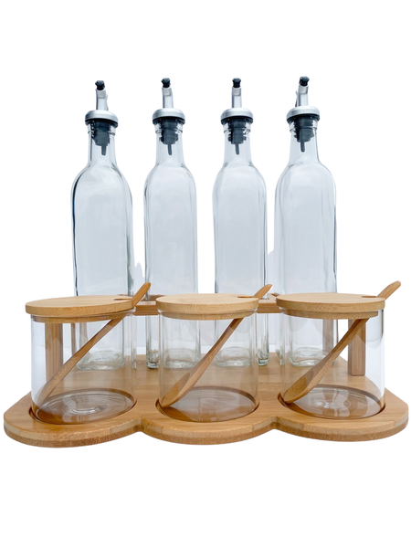 Oil and Vinegar Bottles with Spice Jars and Holder