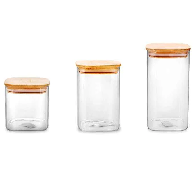 Borosilicate Glass Storage Jar With Bamboo Lids - Square - Set of 3
